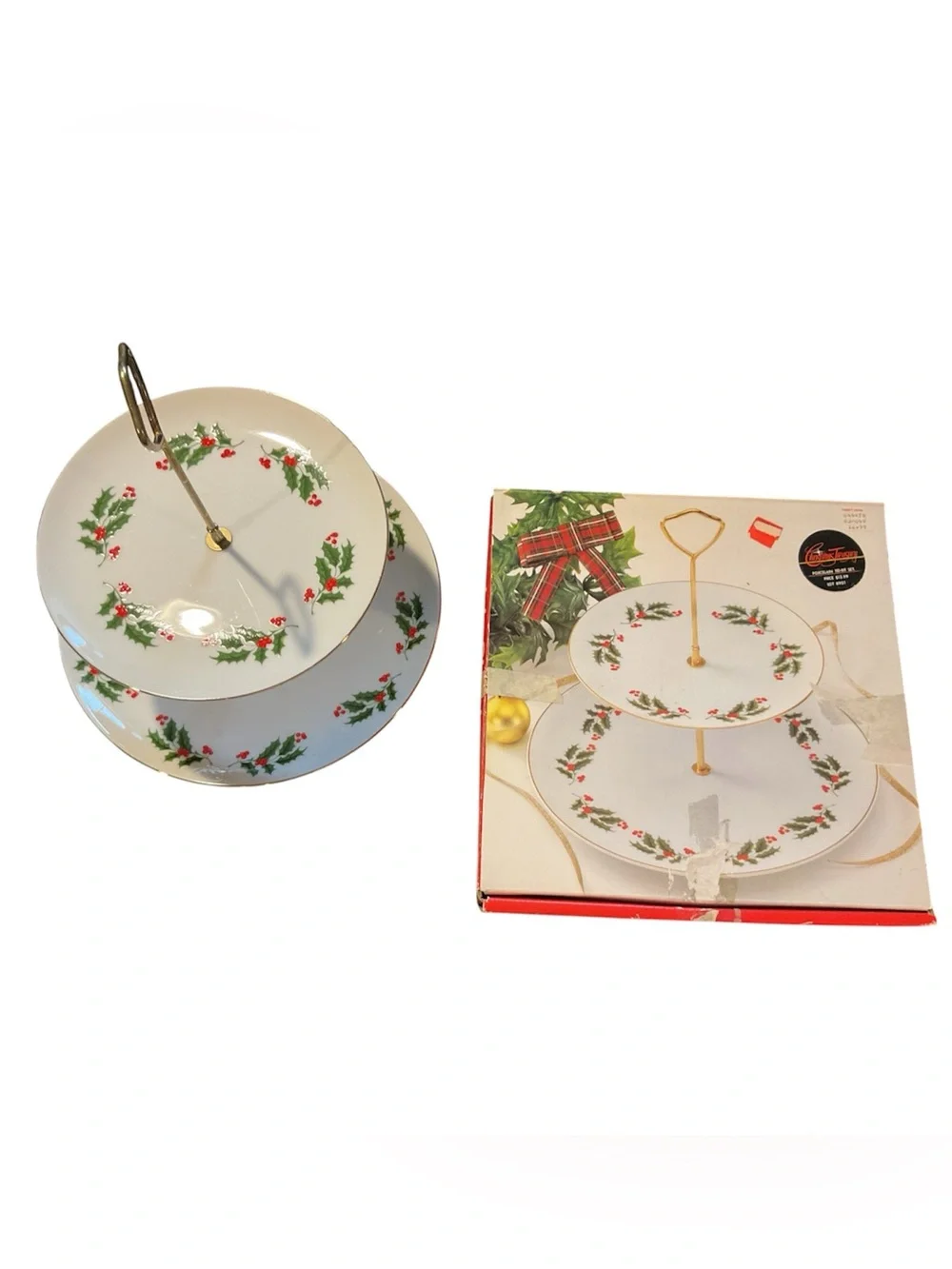 Beautiful Vintage Christmas Treasury 2-Tier Porcelain Tid-Bit Set